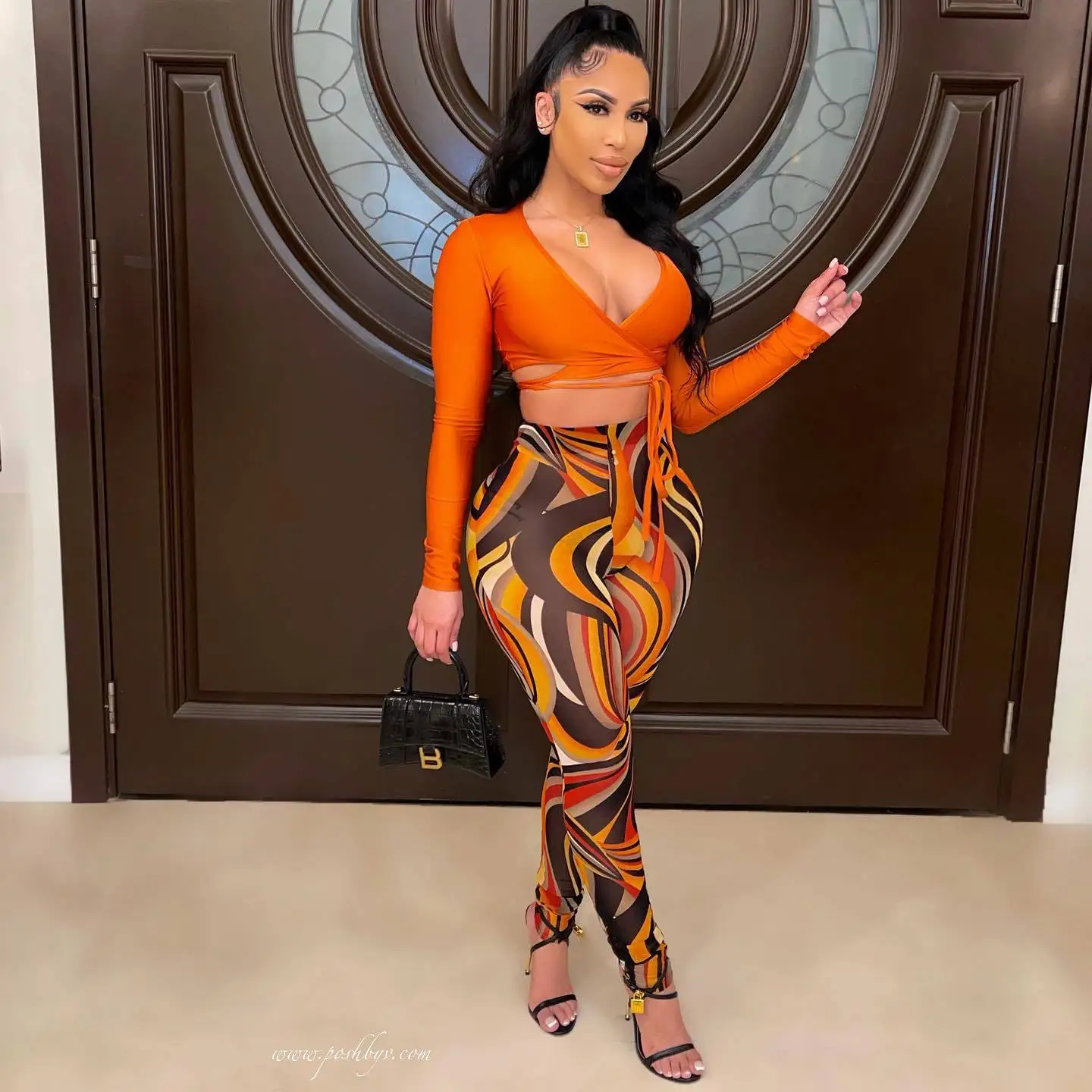2021 Fall Fashion Women Clothes Sexy V Neck Bandage Crop Top 2 Piece Print Mesh Legging