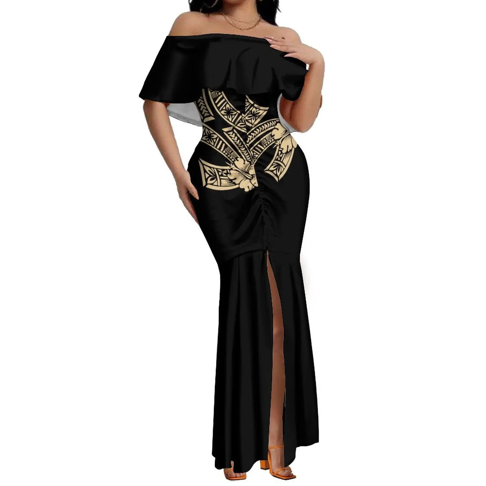 High Quality Customize Frill Off The Shoulder Split Long Dress Polynesian Design Pleated Ladies Dress Plus Size Womens Clothing