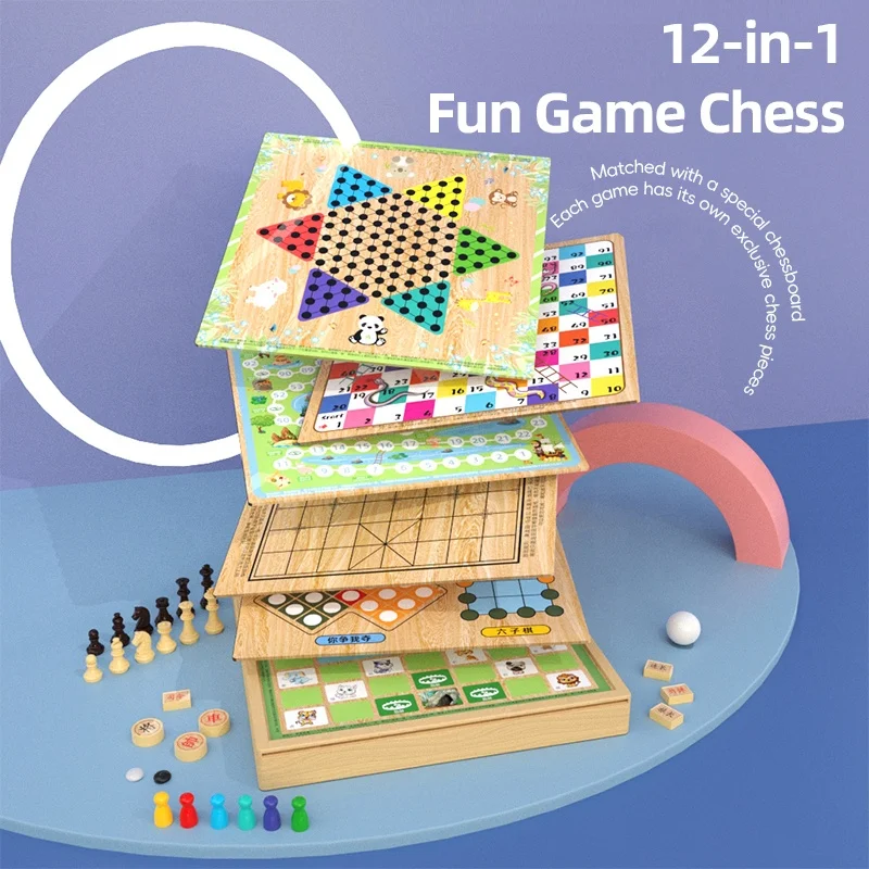kids 12 In 1 Wooden Chess Checkers Board Game Classic Chinese chess flying chess board game set Party educational toys
