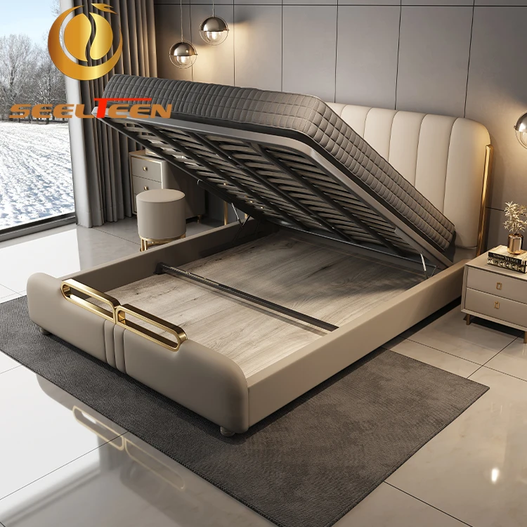 Luxury Bed Room Furniture Genuine Leather Double King Size Bed new home or hotel modern bed