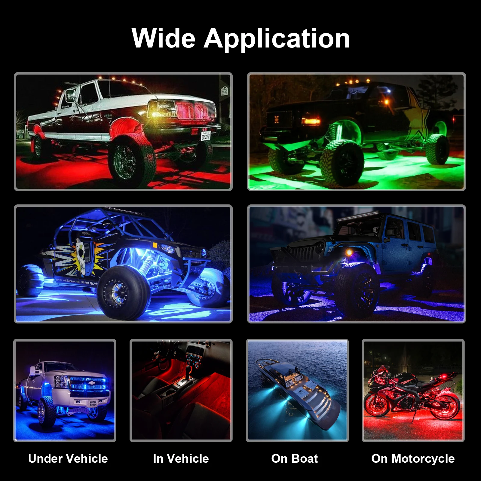 R-GB App Control, Multicolor, Music Mode, Dimmable, 8 Pods Underglow RGB Led Rock Lights, RGB working lamp