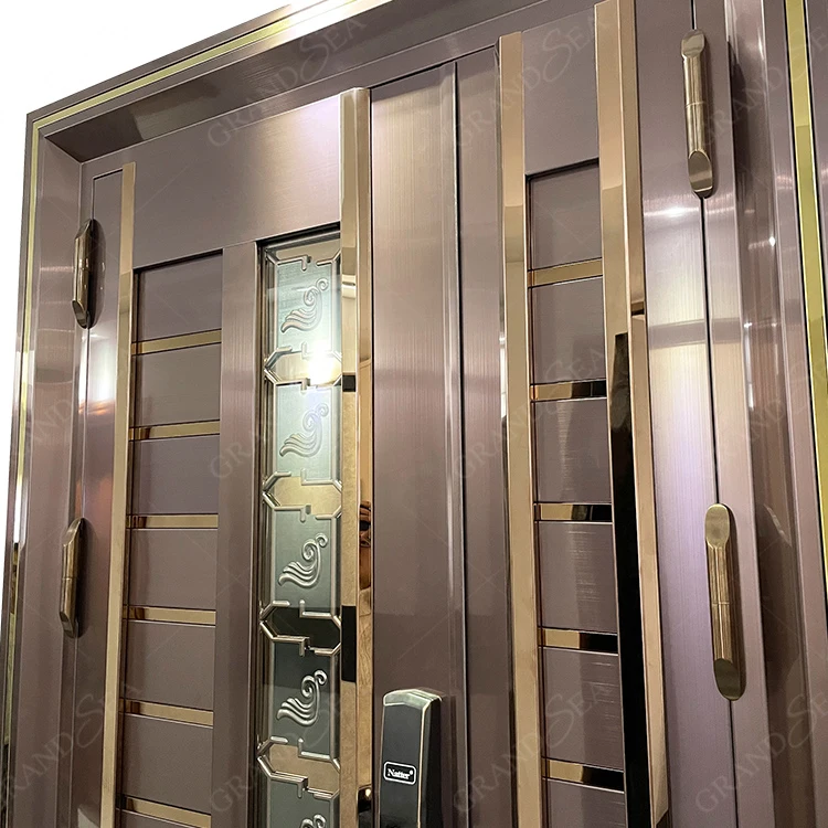 Rose gold soundproof 9 hole security lock tempered glass 36*80 stainless steel door front entrance