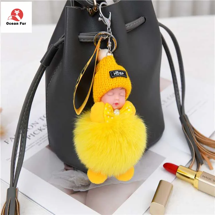 Fashion colorful pompom fox fur keychain wholesale girl gift pompon keychain bag pendant