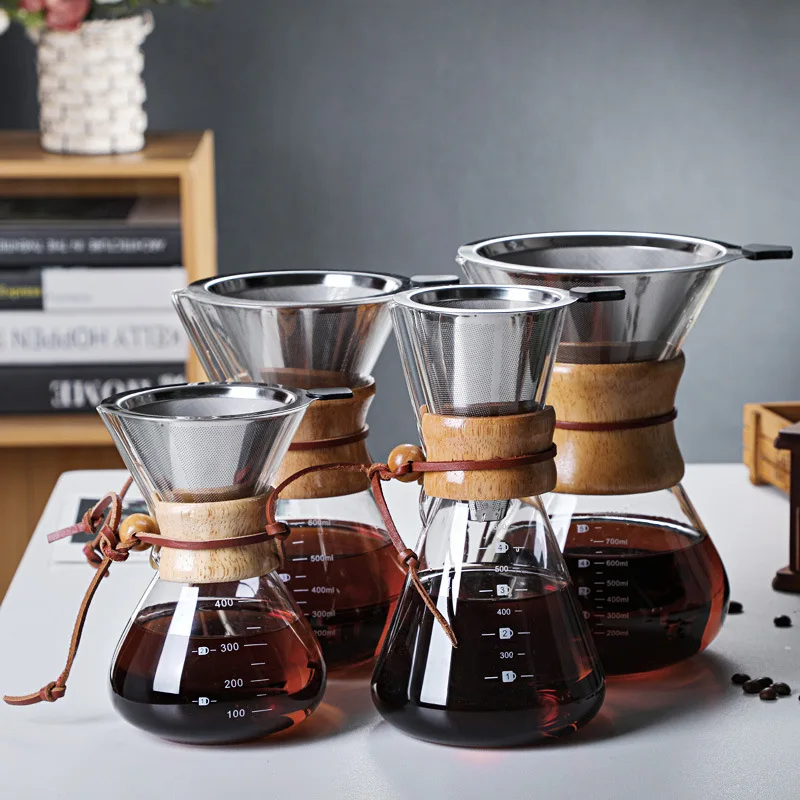 400ml 600ml 800ml Modern Wooden Collar Clear Borosilicate Glass Coffee Carafe Pour Over Coffee Maker with Stainless Steel Filter
