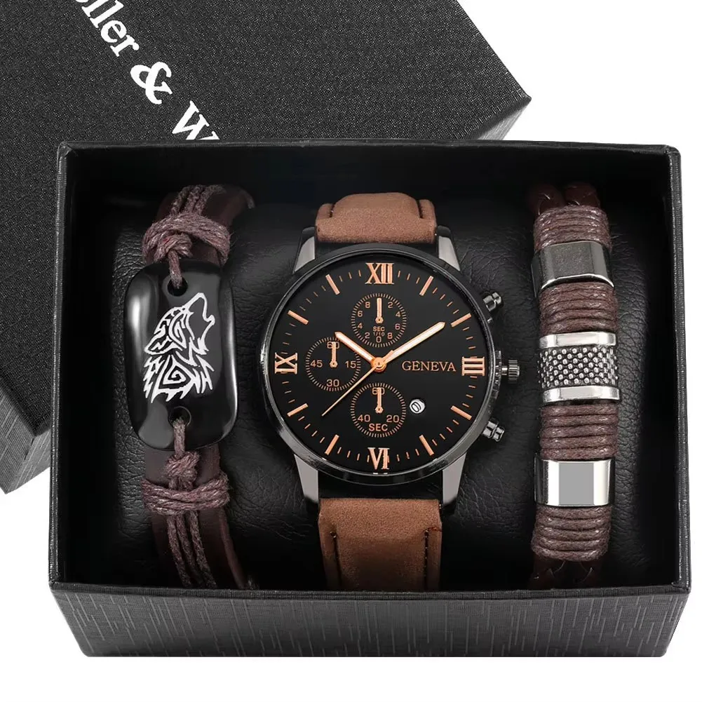 YuSa 888 Fashion 3pcs Men  Bracelet Watch Set Casual Wristwatch Wooden Bracelet Bangle Quartz Watch Set For Men