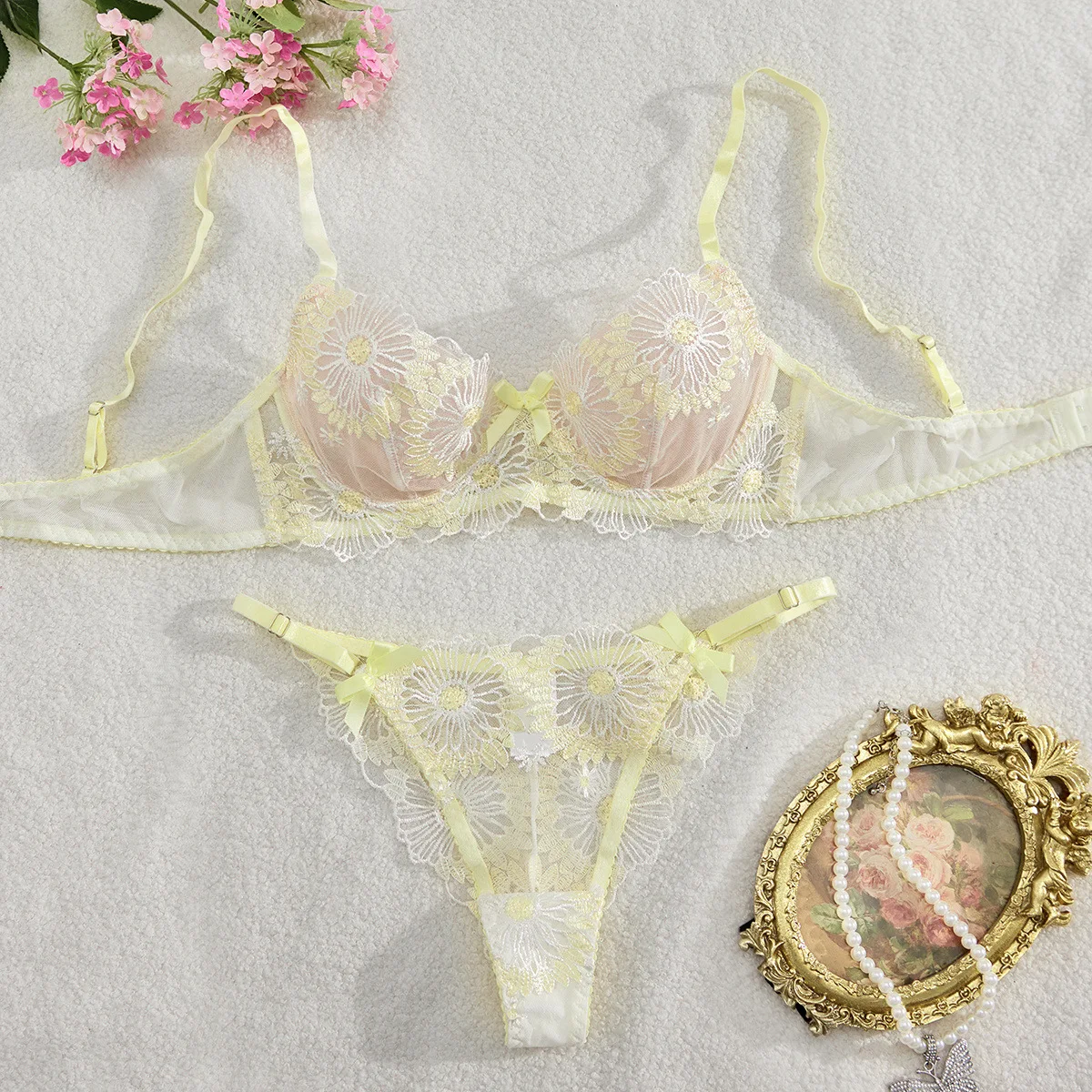 YILIMI High Quality Light Yellow Sexy Lingerie Two Piece Set Floral Embroidery Underwear For Women Sweet Cute Sexy Lingerie Set