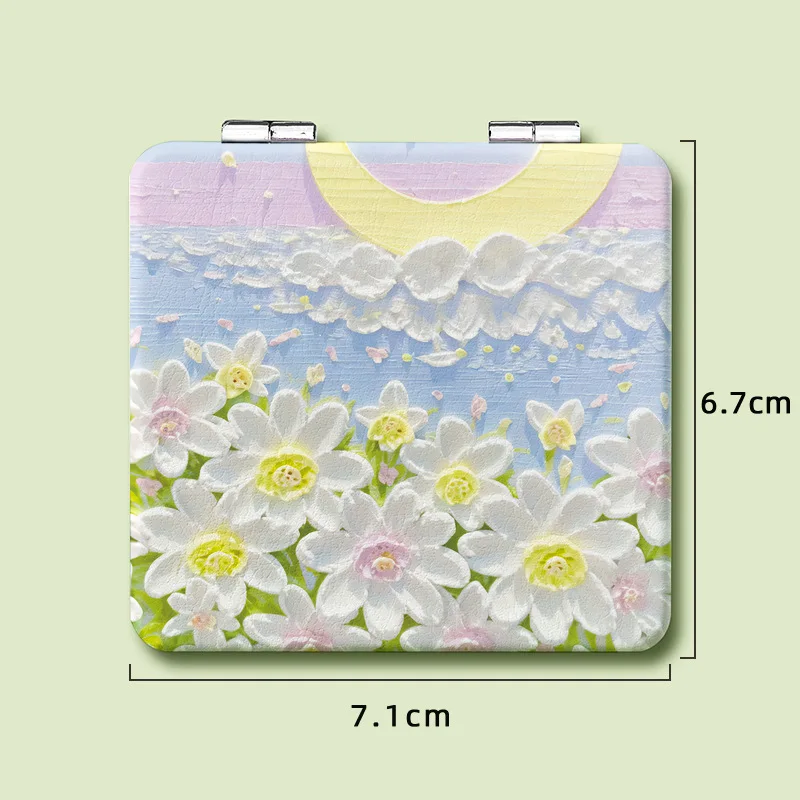 Hand painted oil painting small square mirror handheld makeup mirror portable pocket travel double side