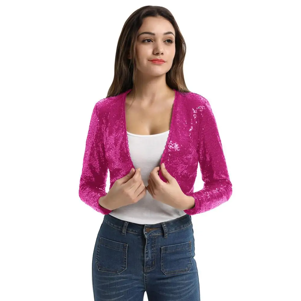 Wholesale Amazon Women Shining Sequined Long Sleeve Cropped Length Open Front Bolero Shrug