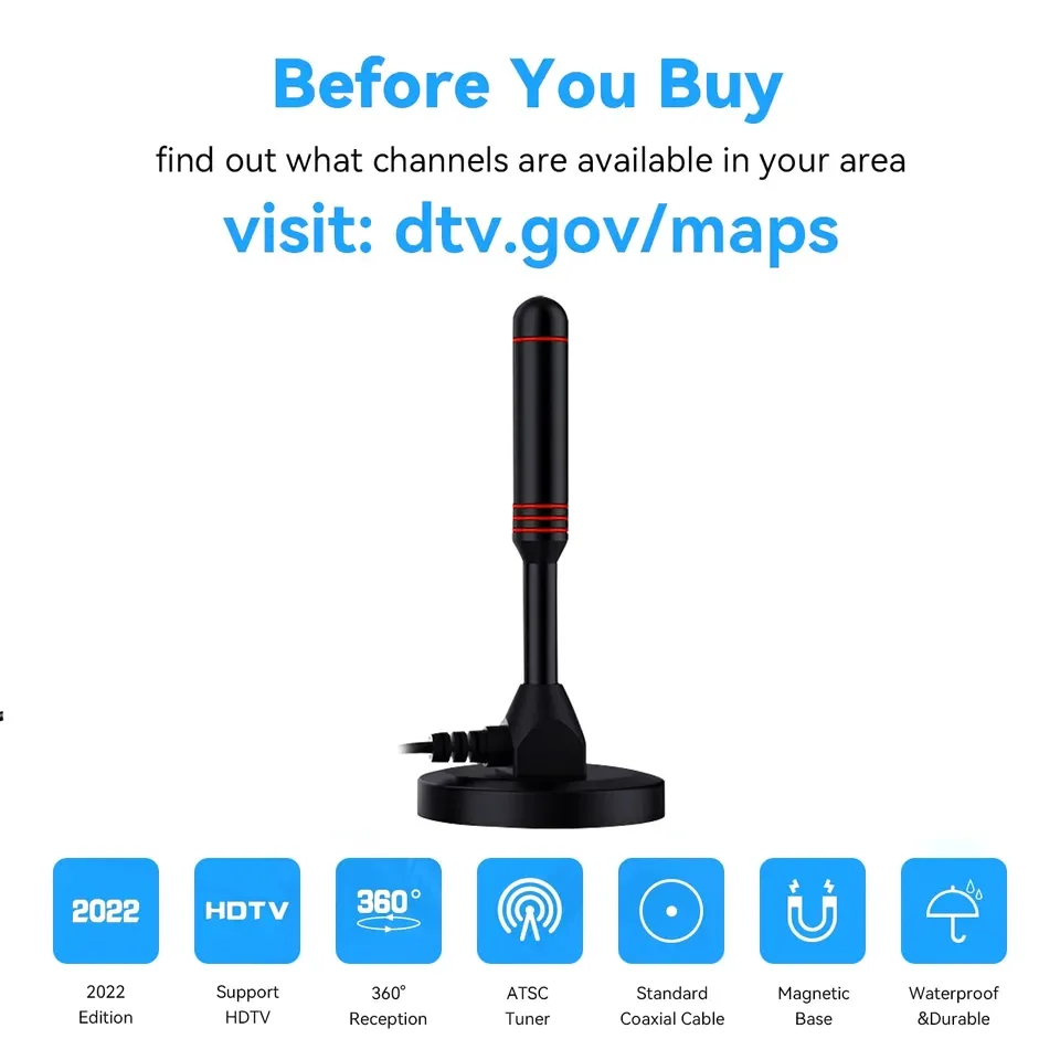 Long Range Magnetic Indoor 30Dbi Free Channel Uhf Vhf Portable 360 Degree Signal Amplifier HDTV Digital Wifi Tv Antenna