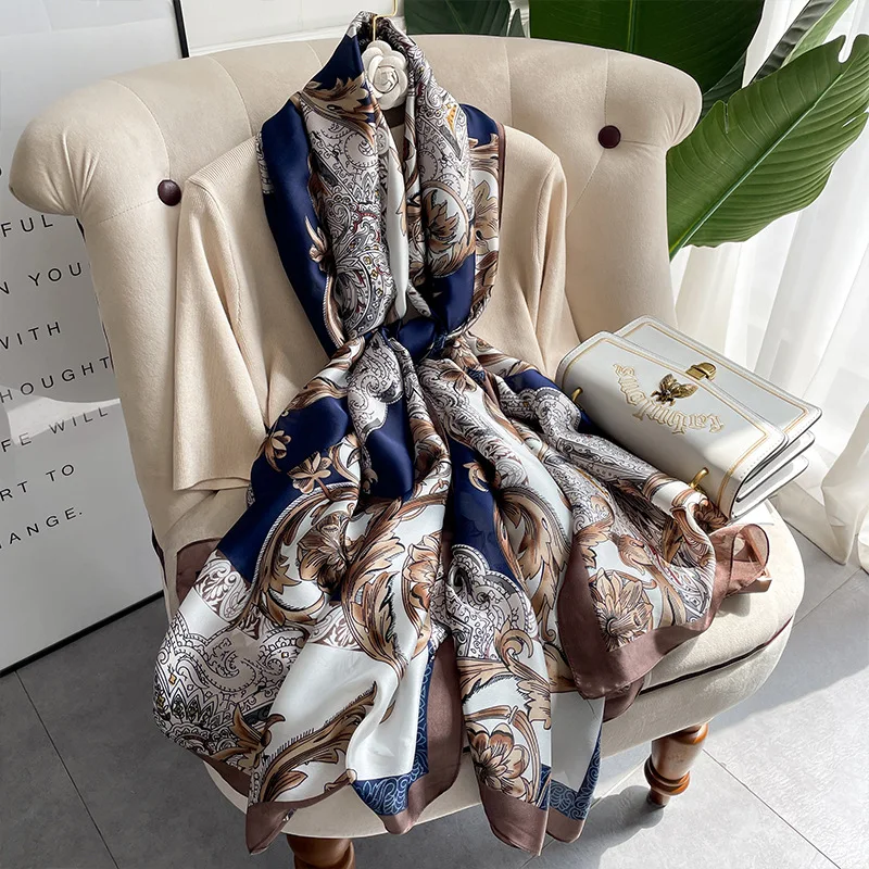 2022 Silk Scarf Women New Flower Pattern Fashion Shawl Long Spring And Autumn Scarves Dual-Purpose Wraps Female Outside Decorate