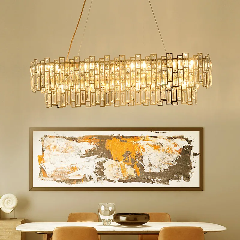 Wholesale kitchen rectangle metal gold pendant light modern led hanging lamp living room large luxury k9 crystal chandelier
