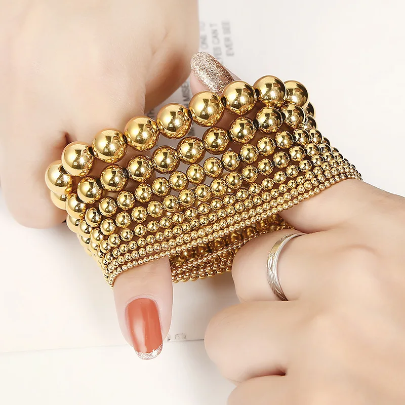 Wholesale Custom New Models Stretchy 18K Gold Plated Elastic Stainless Steel Bead Bracelets Gold Ball Beaded Bracelets For Women