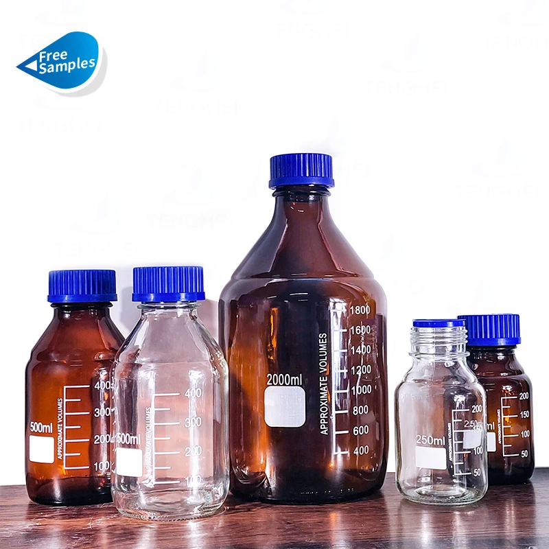 Fast Delivery Lab blue cap 25ml 50ml 250ml 500ml 1L 2L Amber Glass Reagent Bottle for Chemicals medicine use with scale