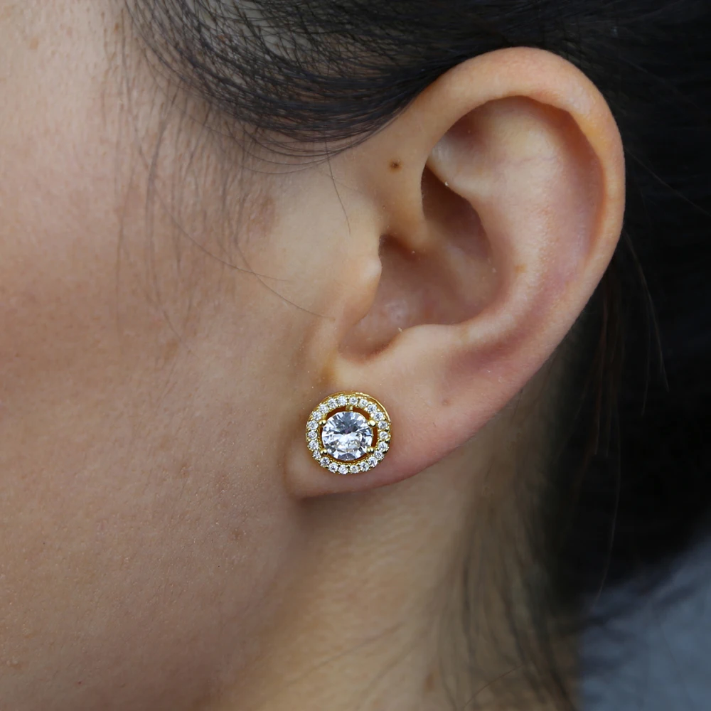 iced out bling CZ geometric stud round halo design sparking diamond stud earring