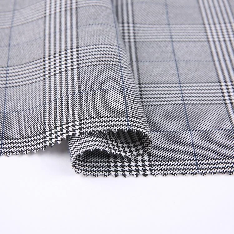 TRSP 210gsm woven 98 polyester 2 spandex stretch classics light grey tartan plaid fabric for dress or pants mens suiting