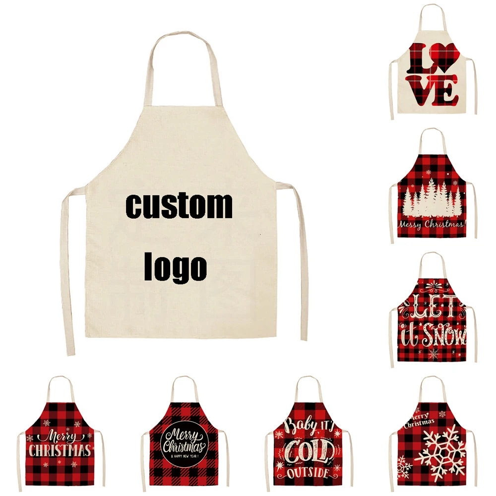 Custom Design Print Logo Christmas Halloween Beige Full Printing Long Chef Cooking Kitchen Bib Cotton Line Apron with Pockets
