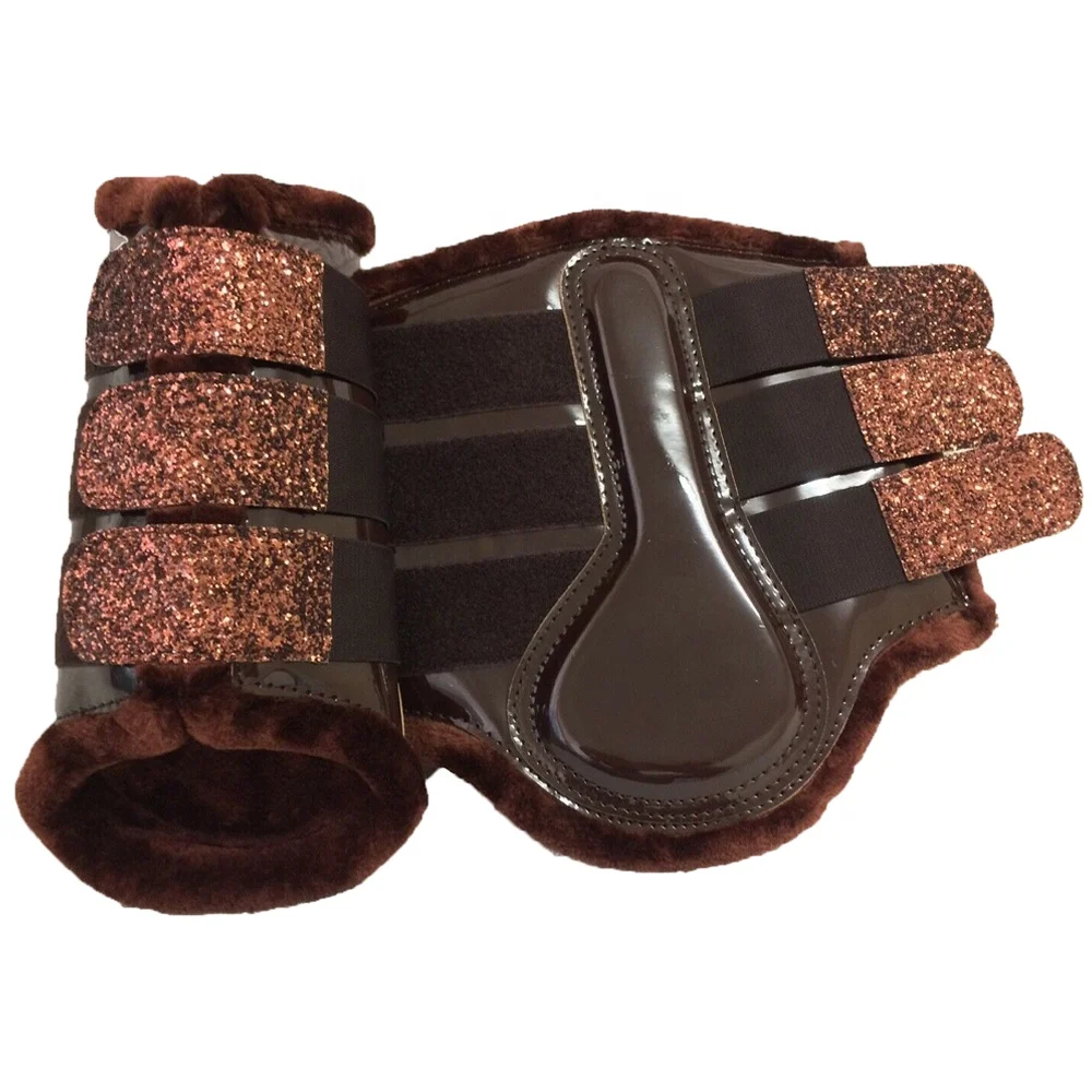 
SPARKLY GLITTER BRUSHING BOOTS TENDON DRESSAGE EXERCISE FLAT BROWN FLEECE LINED 