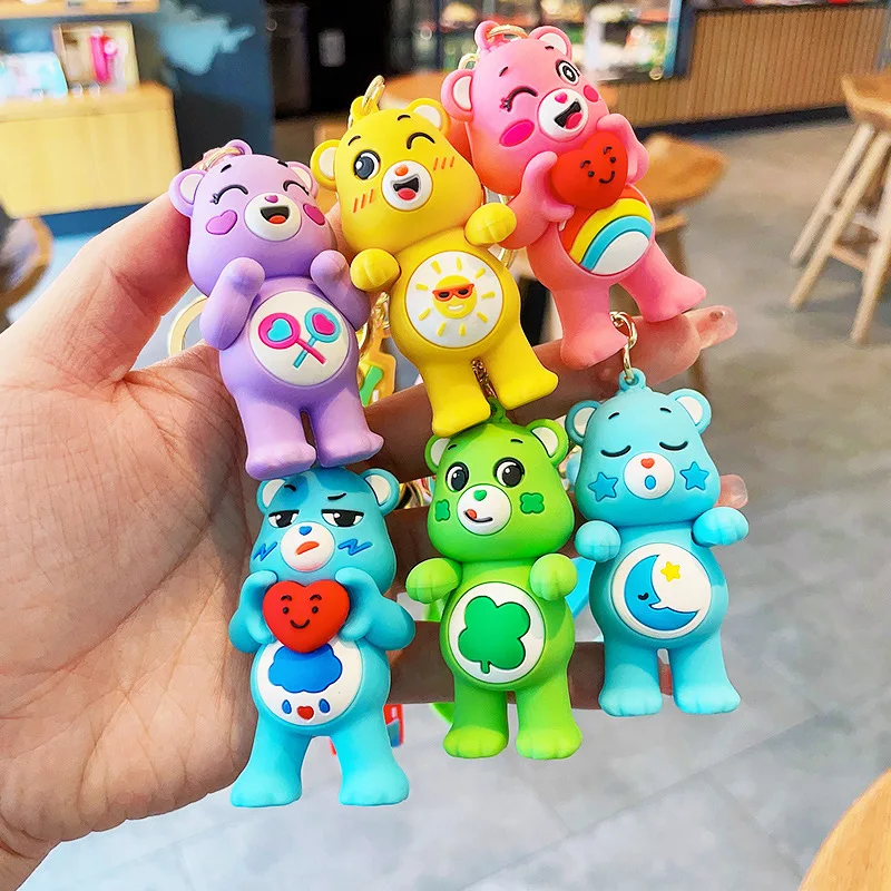 Hot Sale In Stock Promotion 3D Cartoon Rainbow Bear Key Chain Small Cute Key Ring 3D Cheap Gifts For Kids