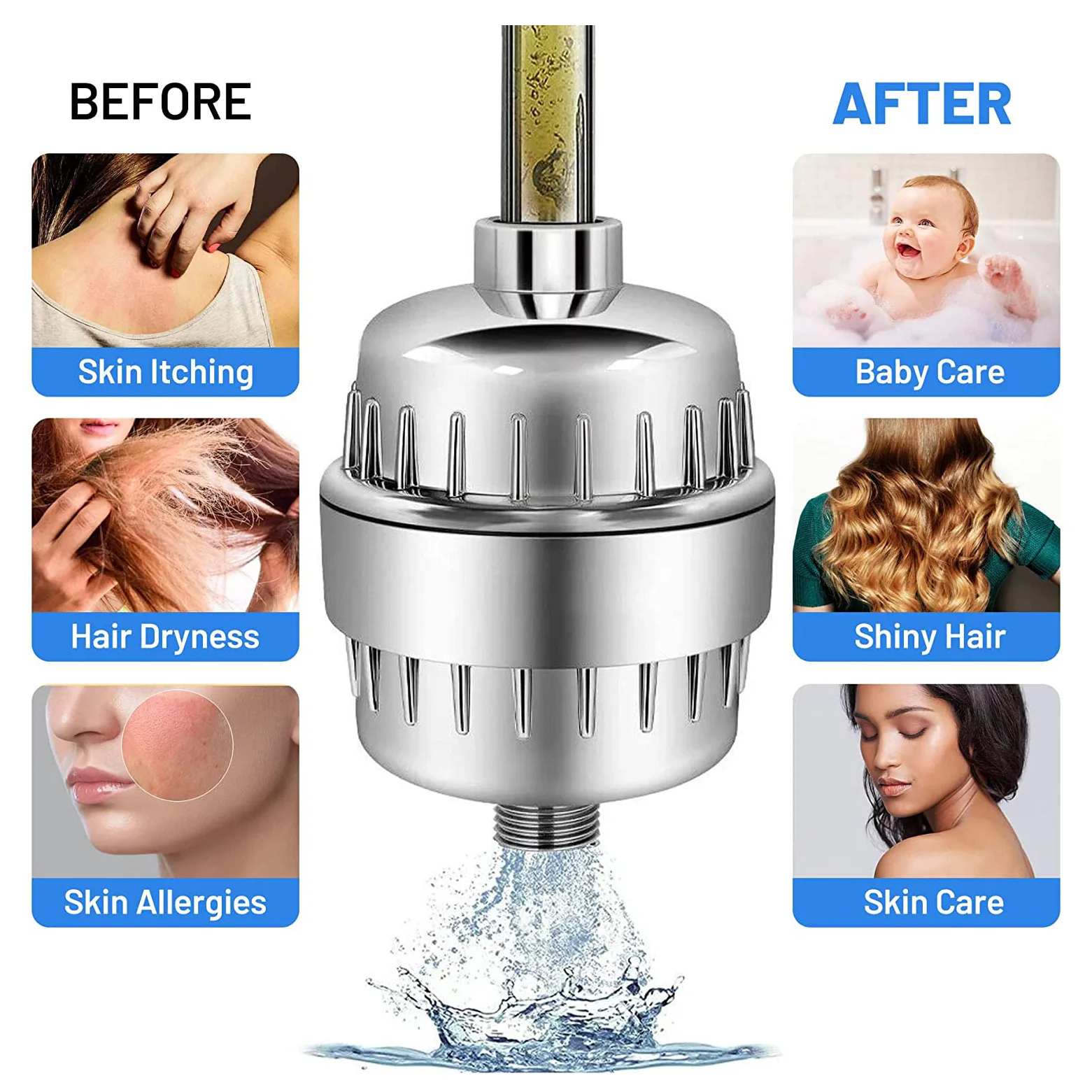 20-Stage Water Filter Showerhead with Carbon KDF for Hard Water Bathroom Faucet Accessory