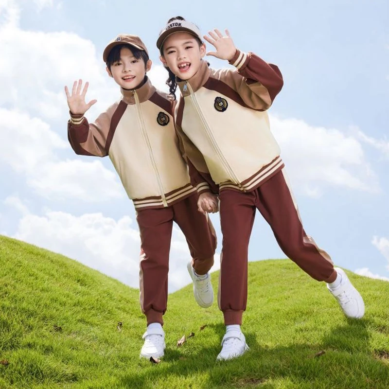 OEM spring casual tracksuit custom design primary school sports wear school boys girls 2 pieces school uniform jacket pants suit