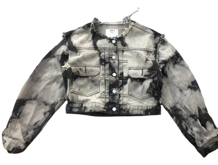 Crew neck single breasted denim blue color lady long sleeve casual fashion cotton denim jeans jacket for women