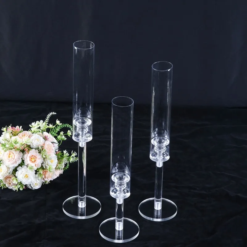 Wholesale 3 in 1 set Clear Table Stemmed Acrylic Tealight Candle Holders Long Stem  Acrylic Candle Holder