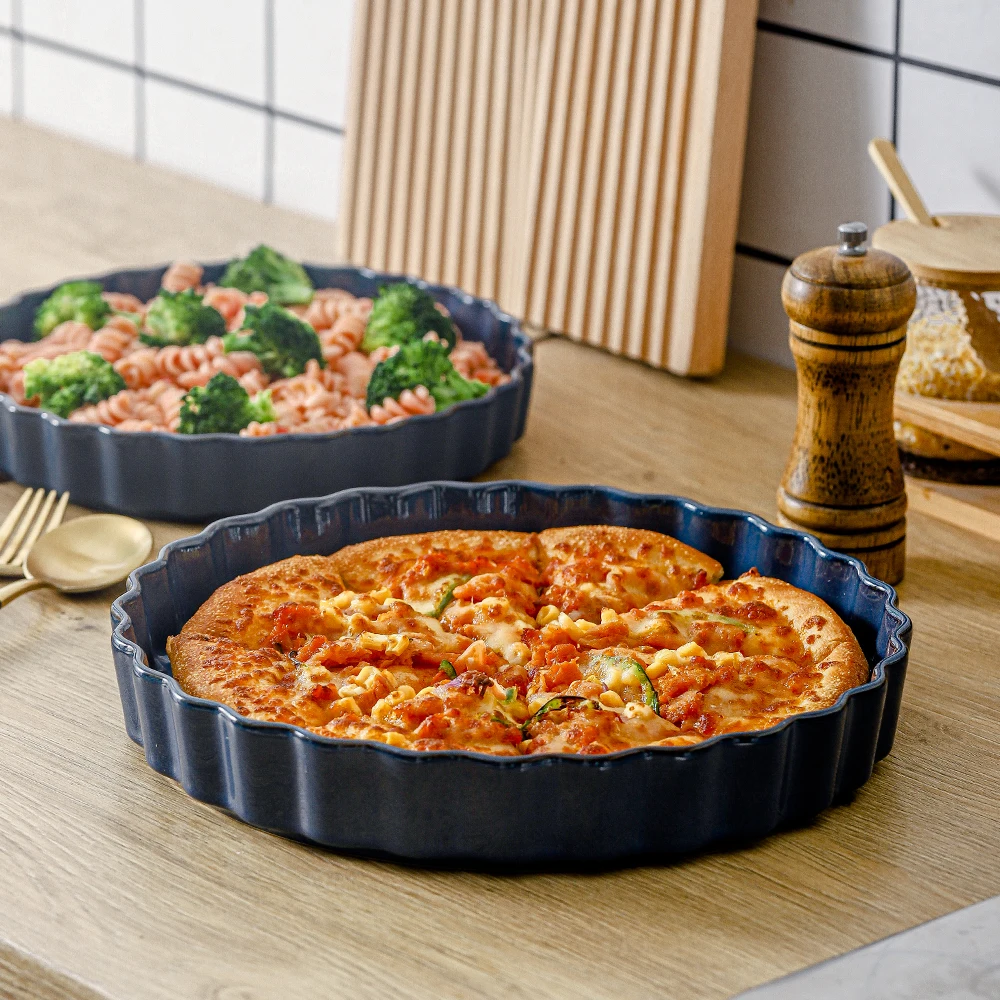 China Factory Wholesale Nordic Ceramic Round Fluted Tart Pan Easy To Clean Nonstick Quiche Pan