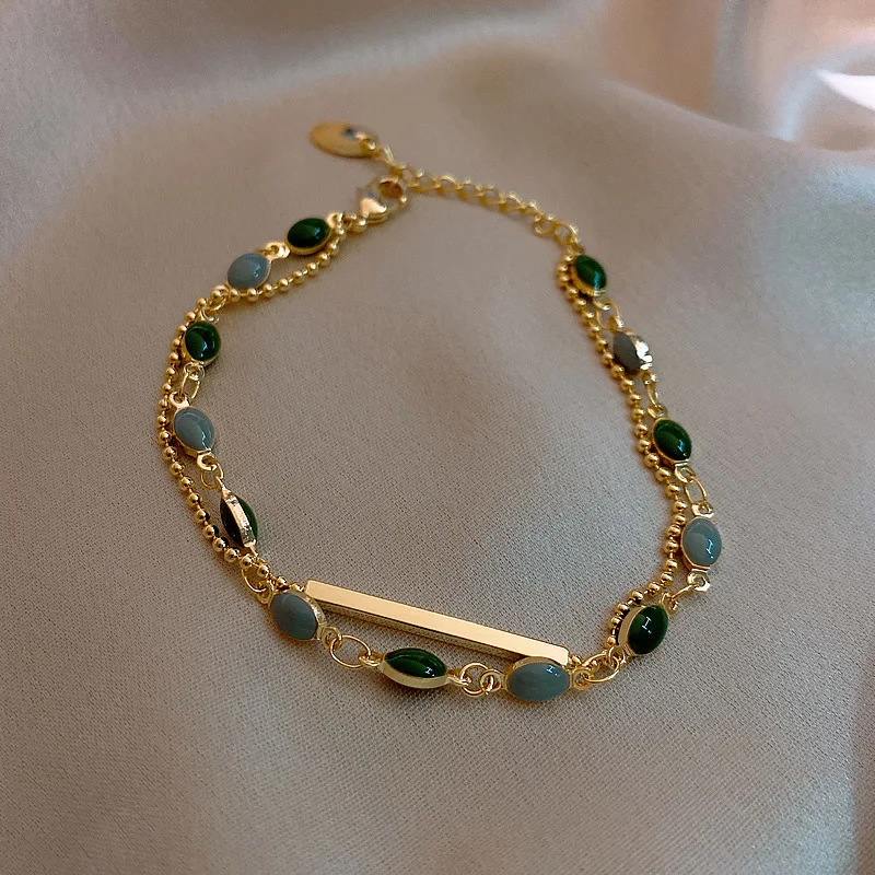 2023 Vintage Jewelry Acrylic Geometric Bead Chain Bracelet Double Layers Gold Plated Resin Oval Shaped Bracelet