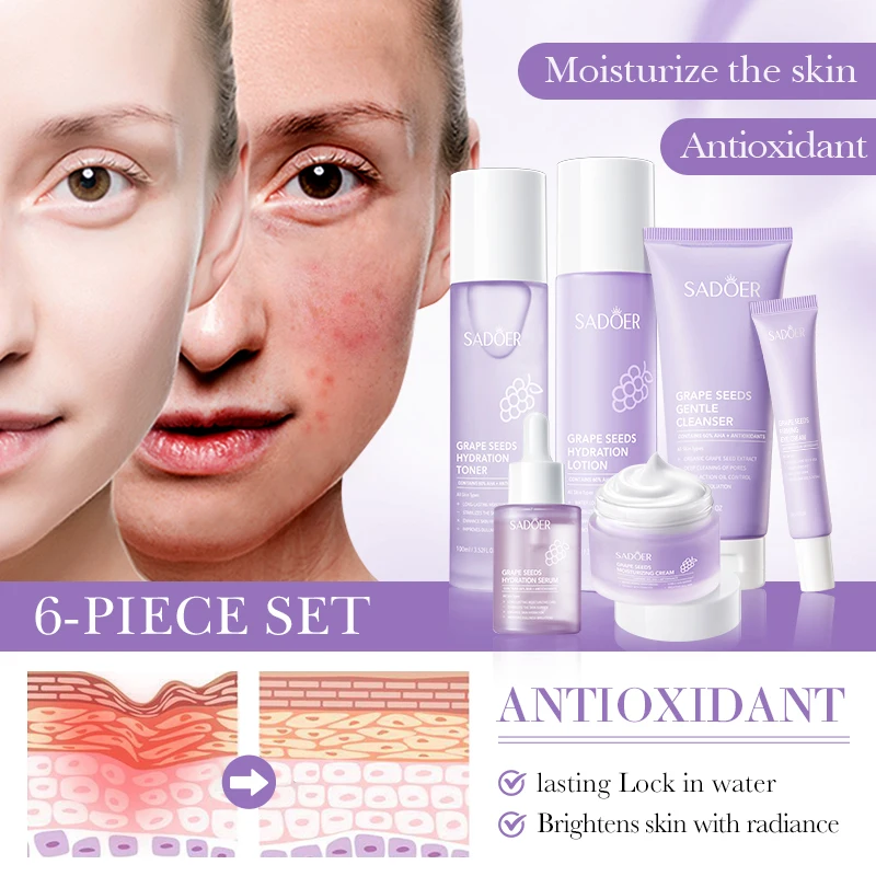 OEM SADOER Private Label Korean Grape Seed Multi-effect Moisturizing 6-piece set Face Skincare Anti Aging Repair Skin Care Set