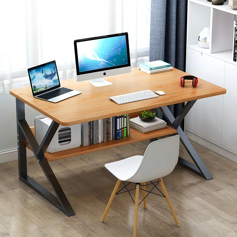 Double Steel Wood Integrated Desktop Computer Desk For office With Bookshelf Working Table Office