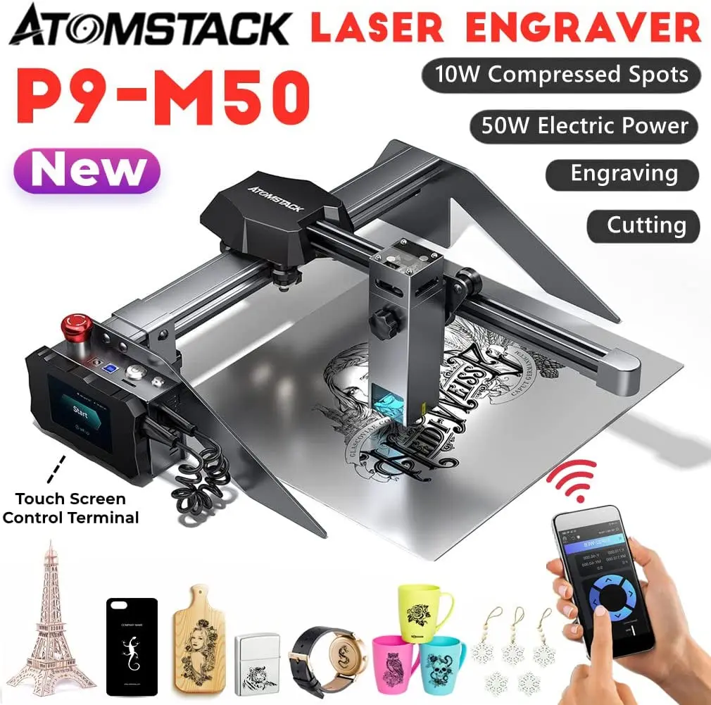 Портативный диодный лазерный гравировальный станок Atomstack P9 M50 220x250 мм Сверхтонкий гравер для дерева