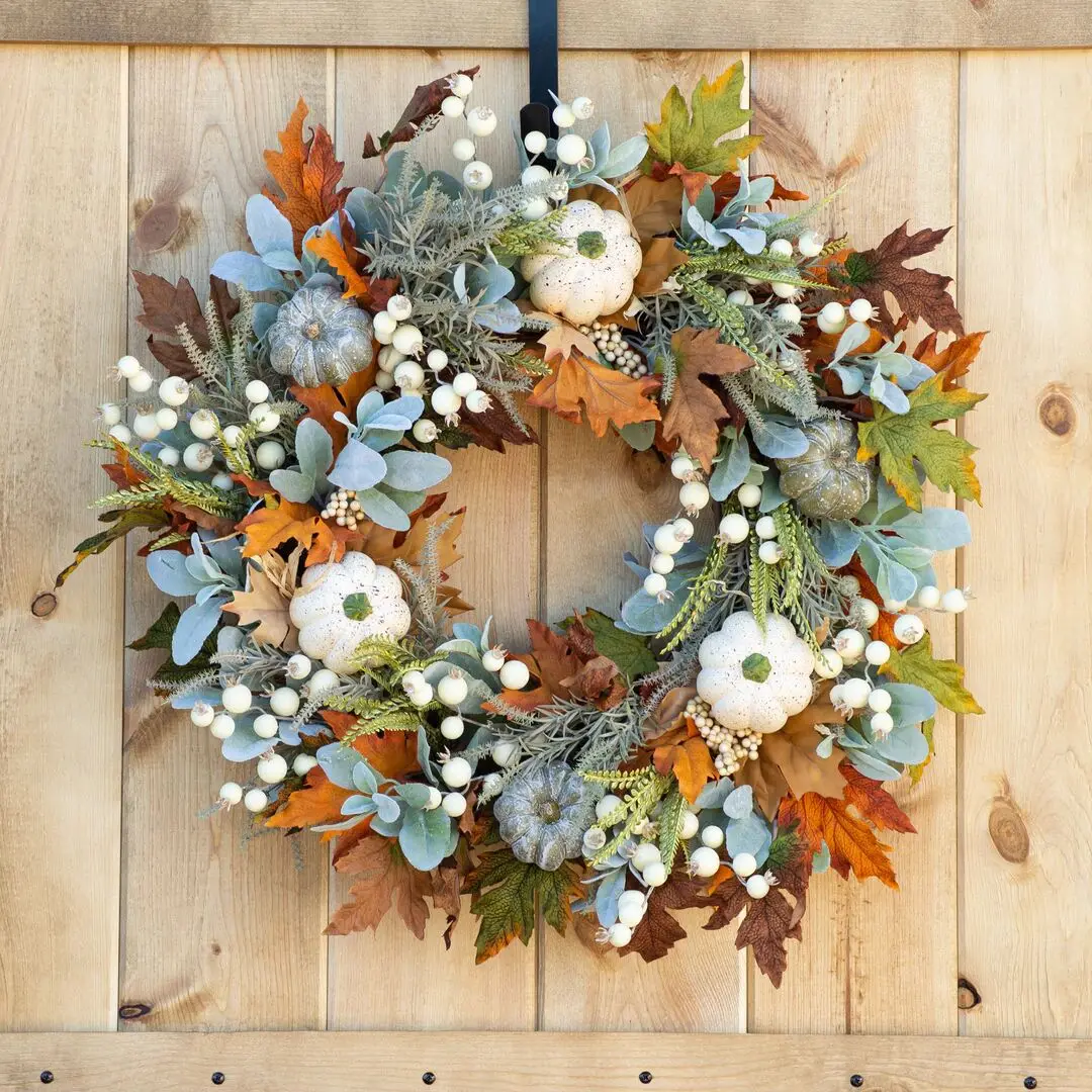 Fall Harvest Wreaths Prelit Pumpkin Garlands Maple Leaves Berry Thanksgiving Autumn Fall Wreath for Front Door Artificial Wreath