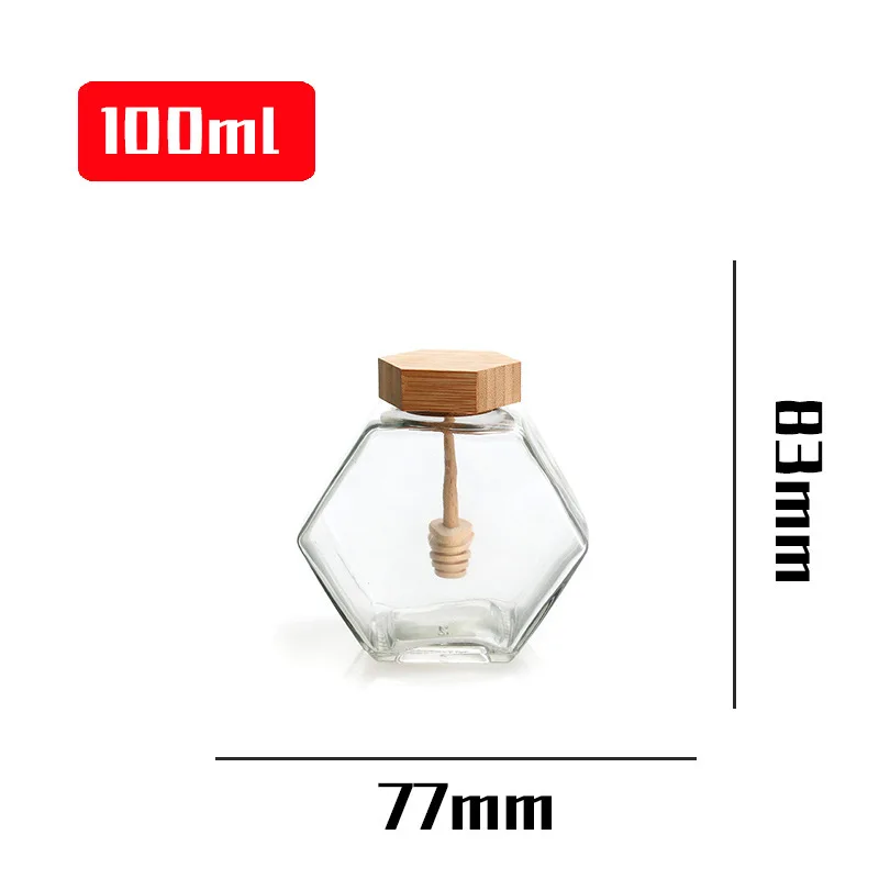 High Quality 100ml 220ml 380ml Transparent Hexagonal Honey Container Glass Jam Honey Jar Jar With Wooden Dipper and Bamboo Cork