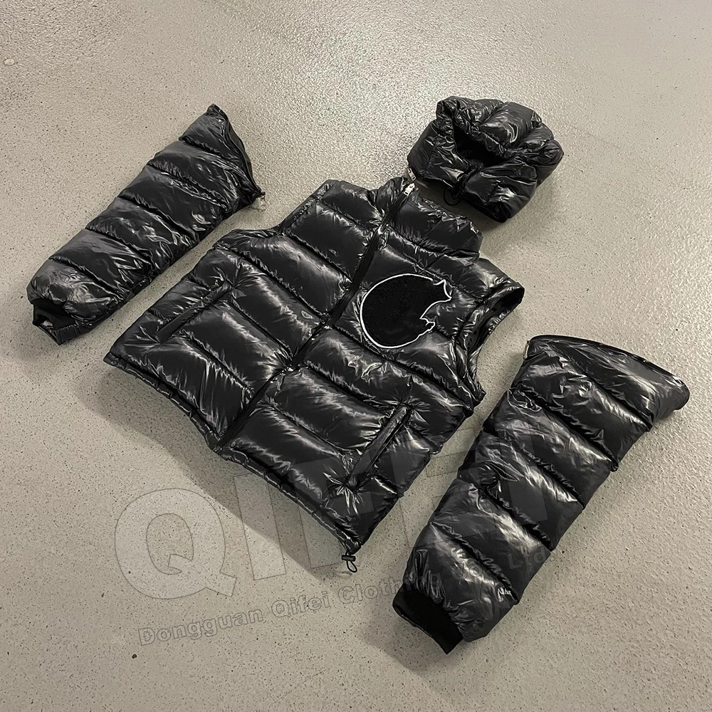 Custom manufacturer bubble bomber zipper coats cropped chenille embroidery winter down puffer jacket with removable hood