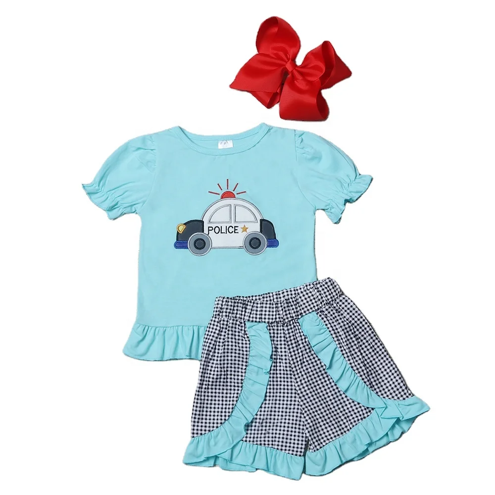 2022 Girls clothing Hot sale summer style the police car embroidery T-shirt and short clothing for wholesale girls sets