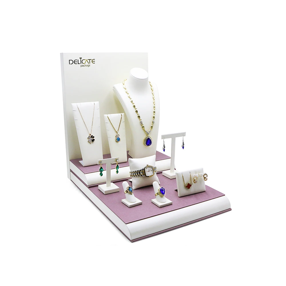 Luxury Sets Showcase Wood Necklace Stand Earrings Rack White Pu Leather Mannequin Jewelry Display Trays