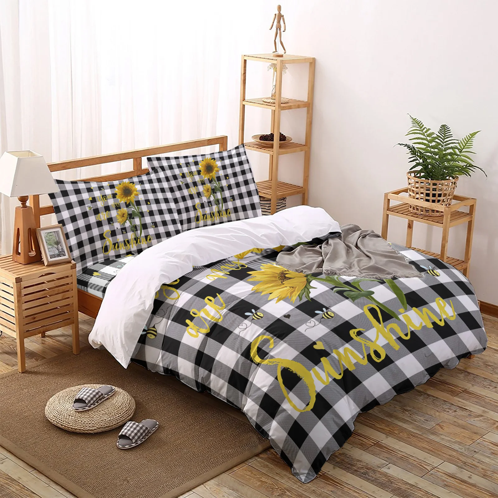 Sunflower Bedspread Black Yellow Spring Floral Decorative 4 Piece Bedding Set for King Bed