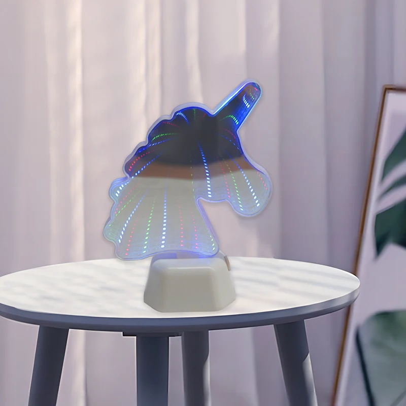 Красочный свет в форме единорога бесконечное зеркало неоновый вздох с батареей ААА