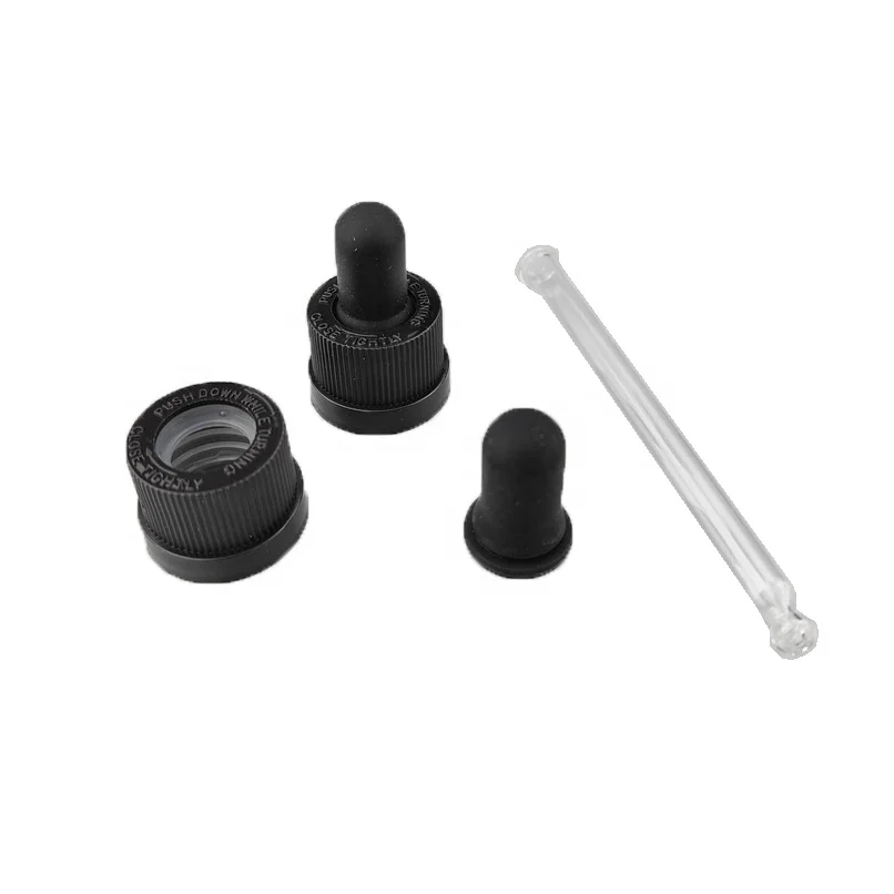 Fancy Custom 18mm 20mm black white plastic child proof dropper cap with glass serum pipette (NK-D-04)