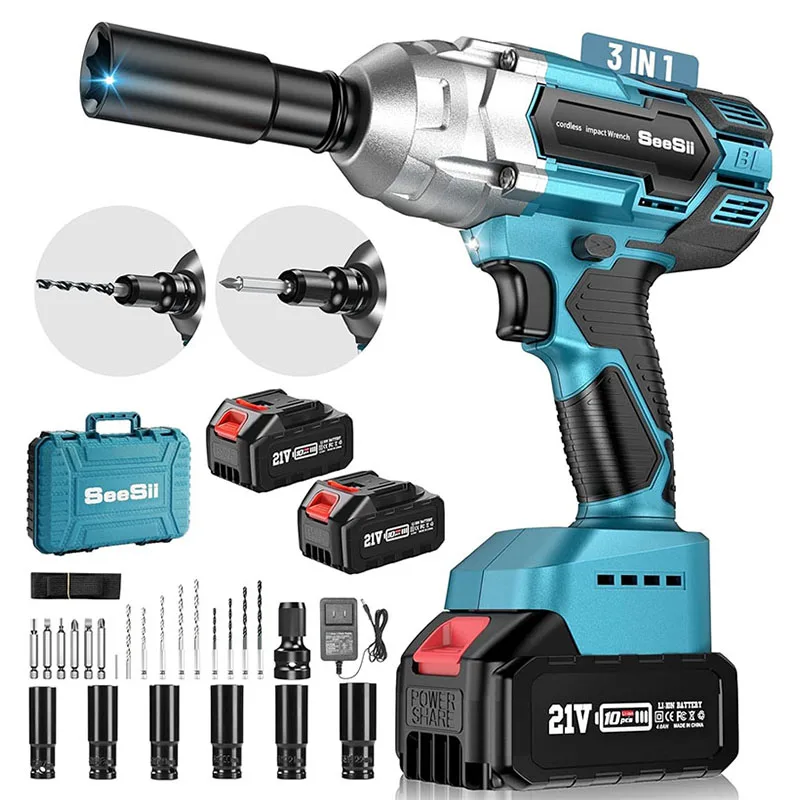 Seesii WH700 Brushless Impact Gun Max High Torque 650Nm w/ 2x 4.0Ah Electric Power Impact Driver 1/2 inch Cordless Impact Wrench