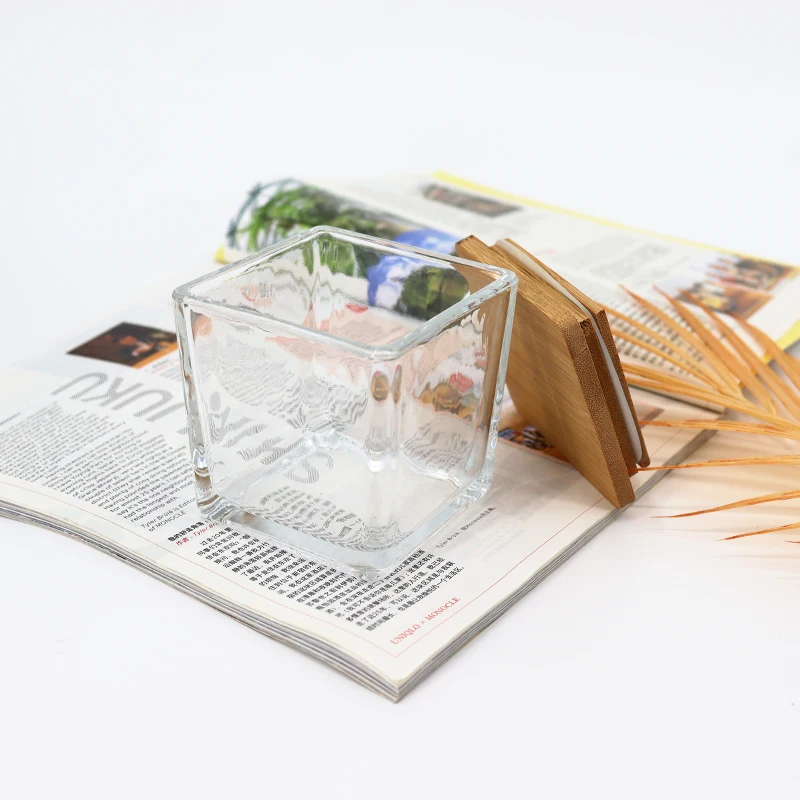 In Stock 240ml Clear Square Candle Jar With Bamboo Lid Glass Transparent Simple Aromatherapy Candle Cup Square Candle Holder Jar