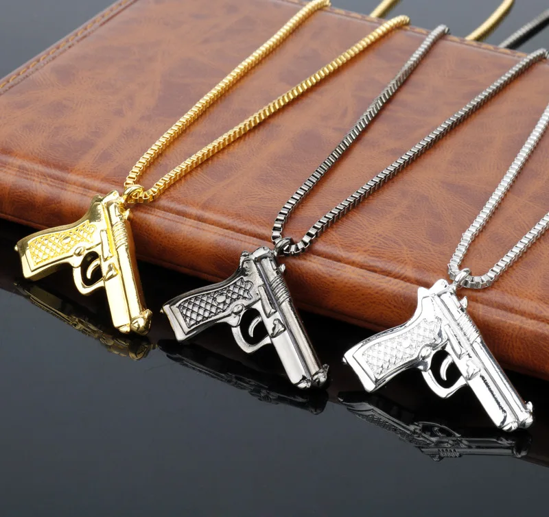 Wholesale Hiphop Men gold plated Necklace Pistol Gun hip hop Pendant Necklace Jewelry Fashion Personality Necklace for men
