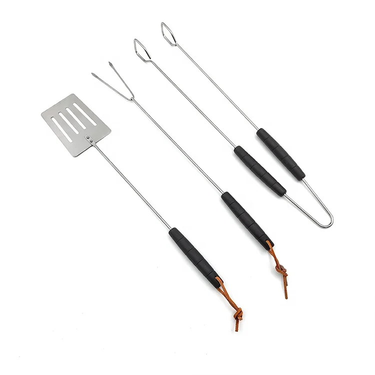 3Pcs BBQ Grill Tool Set Includes Spatula,Fork and Tong with Black Long Wooden Handle, for Picnic Camping Travel Cooking Grilling