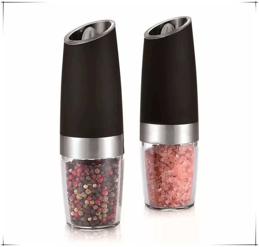 Горячая гравитационная электрическая мельница для перца или соляная с батарейным питанием автоматическая двойная белым синим светом