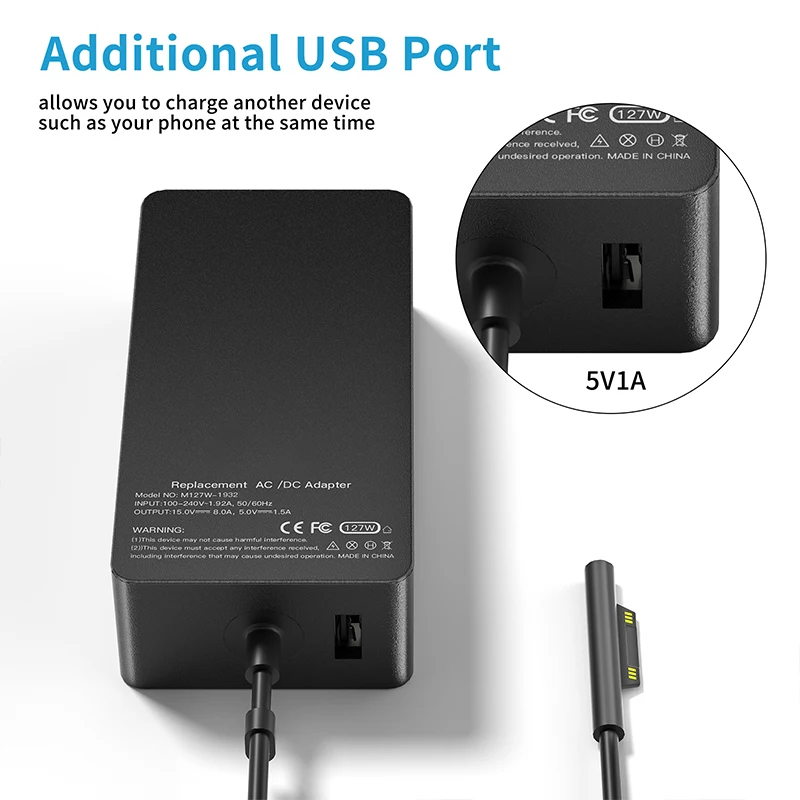 U&L Test 127W Replacement Laptop A1932 Charger for Microsoft Surface Pro 8 7 6 i5 5 4 3 AC Surface Laptop Charger