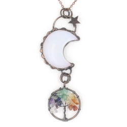 Wholesale Healing Tree of Life Pendant Vintage Copper Natural Crystal Rose Quartz Moon Necklace for Gift
