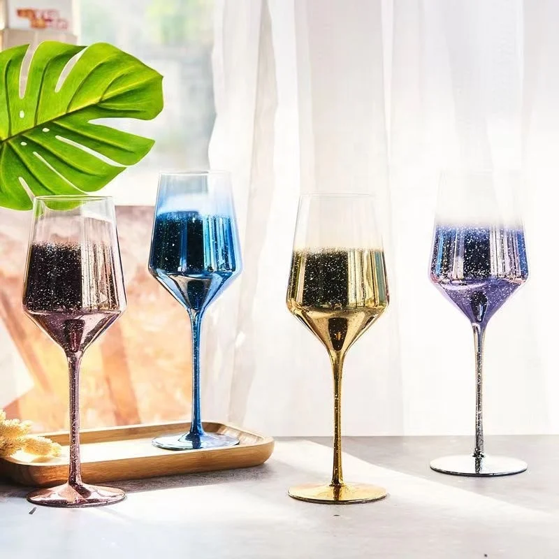 Customized Plating Coloured Wine Glass 450ml Pink Long Stemmed Color Red Wine Glass For Wedding