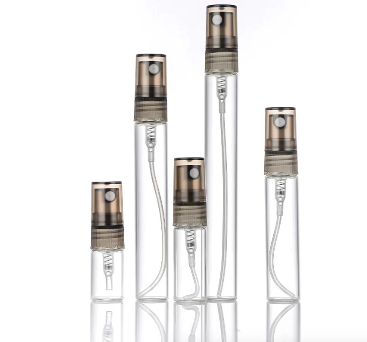 2ml 3ml 5ml 8ml 10ml round mini clear amber glass fine mist perfume refillable tester bottles with gold spray cap for perfume