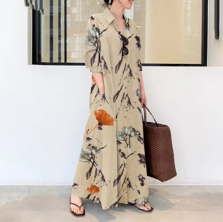 Causal Cotton hemp Floral Lapel Long Sleeve Pocket Loose Long Cardigan Dress Abaya Clothing Muslim Dress Shirts Blouse Dress