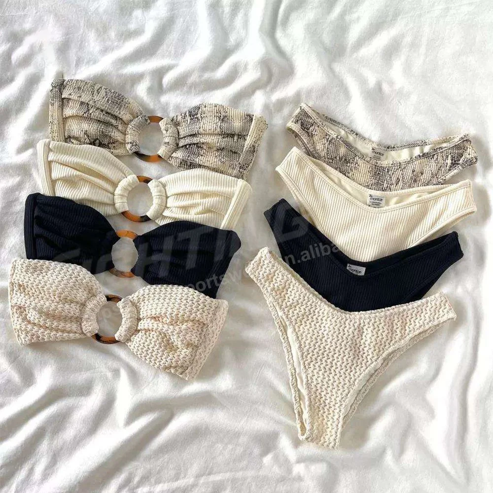 OEM Sportswear Recycled Custom Logo Original Crinkle Two Piece Swimwear High Rise Seamless Bikini Dual-strap Top Swimsuit